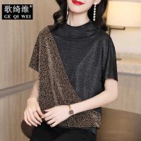 春款亮闪闪雪纺豹纹上衣女潮2021春季新款时尚气质短袖T恤女宽松 黑色 S