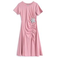 设计感重工亮片贴布海星钉珠褶皱开叉连衣裙女2021夏季新款 粉色 S