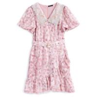 清新少女亮片网纱印花荷叶边收腰显瘦连衣裙女2021年夏季新款 粉色 S