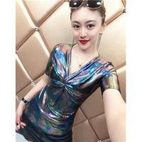 欧货新款女装重工炫彩烫金交叉V领短袖T恤女打底衫时尚性感小衫潮 浅色炫彩[V领--扭胸]短袖 M
