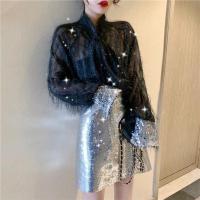 [W小姐]系带亮片袖毛毛流苏微透衬衫+性感闪闪包臀裙套装女[7月31日发完] 亮片裙子 均码