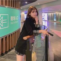 2021新款西服女中长款春秋季休闲韩版宽松学生翻袖格子小西装外套 黑色 衣服黑色袖口黑色条纹格子 S 90-105