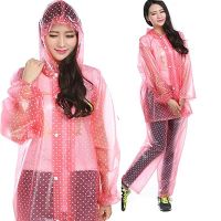 雨衣雨裤套装电动车全身男女成人分体加厚透明徒步采茶干活防暴雨 水晶套装雨衣* 单帽檐*圆点 粉色 XL号 适合165-1