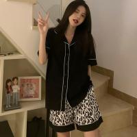 夏季韩国睡衣女棉质黑色豹纹短袖短裤开衫两件套可外穿家居服套装 短袖短裤黑色豹纹套装 M [建议80-100斤]