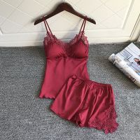 性感睡衣女夏季套装聚拢小胸火辣成人仿真丝带胸垫吊带睡裤两件套 9033酒红色(带胸垫) M 建议(100斤以下)