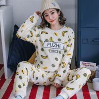 韩版睡衣女冬季法兰绒睡衣可爱卡通珊瑚绒加厚睡衣女士家居服套装 6006-香蕉 M