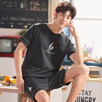 春秋季棉质长袖睡衣男秋季加肥加大码宽松家居服休闲中年男士套装 302深灰（短袖套装） L（建议100-130斤）