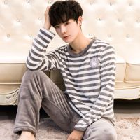 睡衣男秋冬珊瑚绒加厚加绒韩版冬天保暖套装法兰绒大码长袖家居服 1727#[男套头] L码建议(100-120斤)