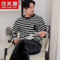 睡衣男秋冬季长袖法兰绒加厚保暖男士冬季珊瑚绒家居服可外穿套装 黑色字母[套头][法兰绒] L码[建议90-120斤]