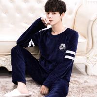 睡衣男秋冬加厚法兰绒长袖珊瑚绒套装家居服大码男士休闲加绒睡衣 男士套头-盾牌款 L (90-120斤)