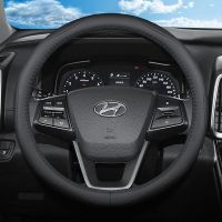 北京现代方向盘套真皮领动悦动25菲斯塔途胜名图ix35朗动瑞纳把套 黑色黑线 圆形 瑞纳