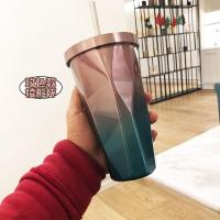 韩版渐变不锈钢咖啡吸管杯创意菱形男女学生带盖大容量杯随手水杯 玫色款[500ML]赠杯刷