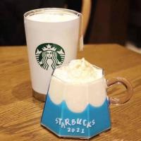 2021星B克富士山玻璃杯蓝色印花八角形送粉色搅拌棒