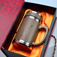 白色陶瓷内胆办公杯老年男人大容量便宜手柄送泡茶喝水杯子礼盒装 深卡其色