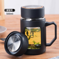 玻璃杯男士家用透明水杯便携高档茶杯办公室茶水分离泡茶杯子带把 睿智黑500ml[免费刻字]