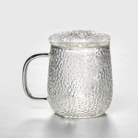 日式锤纹耐热玻璃杯家用水杯茶水分离过滤泡茶杯带把办公杯花茶杯 锦鳞锤纹杯(盖+内胆)450ml