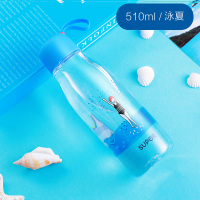 苏泊尔水杯女可爱清新塑料杯大容量便携学生水杯防摔BB夏季水杯子 510ml泳夏【升级款☆硅胶提绳】