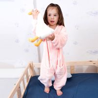 婴儿睡袋宝宝秋冬季加厚法兰绒连体睡衣新款珊瑚绒儿童分腿防踢被 素色清新粉(春秋单层-不可拆袖) 80cm