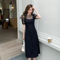 2021年夏大码胖mm法式圆领波点网纱拼接显瘦假两件洋气减龄连衣裙 黑色 S 建议85-98斤