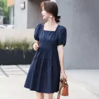 TERRE BLEUE泡泡袖连衣裙女2021夏季新款时尚气质百搭中长款裙子 藏青色 M