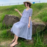 孕妇连衣裙2021新款夏季潮妈洋气孕妇装孕晚期大码短袖过膝中长裙 图片色 M