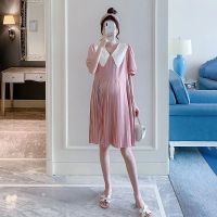孕妇装新款2021夏季孕妇裙加肥大码韩版翻领短袖中长款宽松连衣裙 粉色[夏季优质雪纺] M