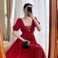 孕妇装夏装法式复古方领哺乳衣连衣裙收腰显瘦外出喂奶衣服辣妈款 红色(孕妇款) M