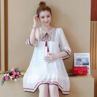 孕妇连衣裙夏装雪纺时尚新款民族风刺绣中袖上衣宽松孕妇夏天裙子 白色 M【建议90-115斤】