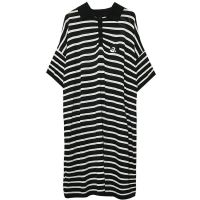 2021孕妇装 polo连衣裙夏宽松遮肚冰丝织弹力休闲条纹t恤潮妈裙子 黑色 M 80-115