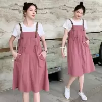孕妇连衣裙夏装2021新款假两件套夏季时尚潮妈孕妇裙子宽松背带裙 藕粉色 M