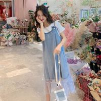 孕妇装夏套装2021时尚款潮妈牛仔背带裙夏天连衣裙外出洋气两件套 天蓝色+白T套装 M