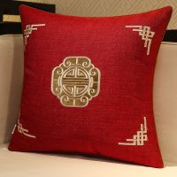 新中式亚麻抱枕高档刺绣实木沙发靠垫餐椅圈椅靠背枕抱枕套可拆洗 福禄红色 45*45cm抱枕套(没有内胆)