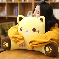 猫咪靠枕护腰靠垫办公室学生背腰枕椅子午睡抱枕被子两用沙发礼物 特价黄色园眼猫咪(没有任何赠品) 大号60*38*18厘米
