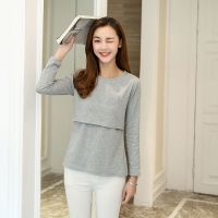 哺乳衣夏季外出短袖母乳期连衣裙喂奶睡裙T恤中长款月子服孕妇装 (A107 上掀喂奶灰 长袖无图案) M码建议80-115