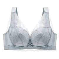 超薄大码内衣女无钢圈全罩杯大胸显小文胸夏季薄款收副乳透气胸罩 灰蓝 36/80C