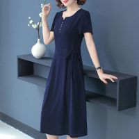 中年女妈妈夏装短袖气质连衣裙高贵40岁50洋气裙子2021新款阔太太 藏青色 L 建议80-105斤