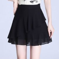 雪纺半身裙女夏季高腰a字裙显瘦裙裤垂感裤裙百褶裙黑色薄款短裙 黑色 M 90-100