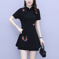 胖妹妹时尚旗袍式上衣短裤复古套装女大码夏装胖人气质减龄两件套 黑色 [上衣+短裤] L 建议90-100斤