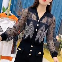 2021夏季新款时尚v领重工烫钻打底衫女洋气百搭修身显瘦长袖t恤潮 黑色 上衣 M [建议95-105斤]