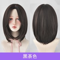 假发女中长发自然中分修脸短直发全头套式锁骨发内扣短发造型|黑茶色