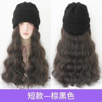 针织帽子假发一体秋冬款时尚羊毛卷长发潮蓬松自然长卷发|短款-棕黑色
