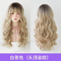 假发女长发自然金色长卷发欧美风大波浪空气刘海全头套|白茶色(头顶染棕)