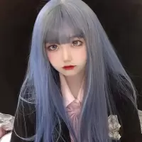 lolita软妹烟灰蓝假发男女生空气刘海长直发可爱cos假毛