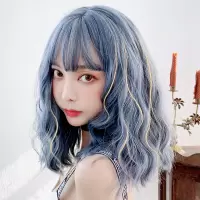新款假发女短发自然全头逼真泡面头蓝色中长卷发