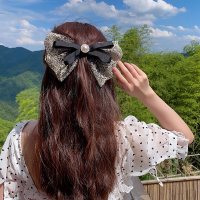 ins仙蕾丝蝴蝶结发夹珍珠苏顶夹少女复古气质发卡子头饰