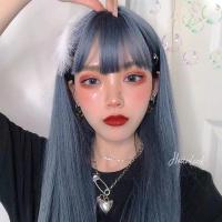 假发男女装大佬空气刘海中长直发帅气圆脸lolita古风cos头套|蓝灰色 45cm]发网夹子+小梳子+小护理液