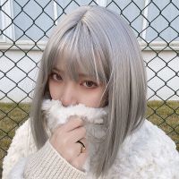 假发女短发修圆脸一刀切气质漫画齐刘海中长直锁骨发全头套式|奶奶灰-短发-30cm 假发