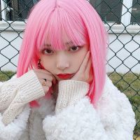 假发女短发修圆脸一刀切气质漫画齐刘海中长直锁骨发全头套式|浅粉色-短发-30cm 假发