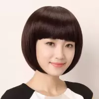 大利女短发o头内扣波波头套发齐斜刘海假发套|深棕色 斜刘海[送发网]