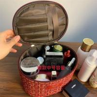 韩版时尚手提大容量圆筒固体化妆包家用旅行精致彩妆收纳包|矮桶红中号